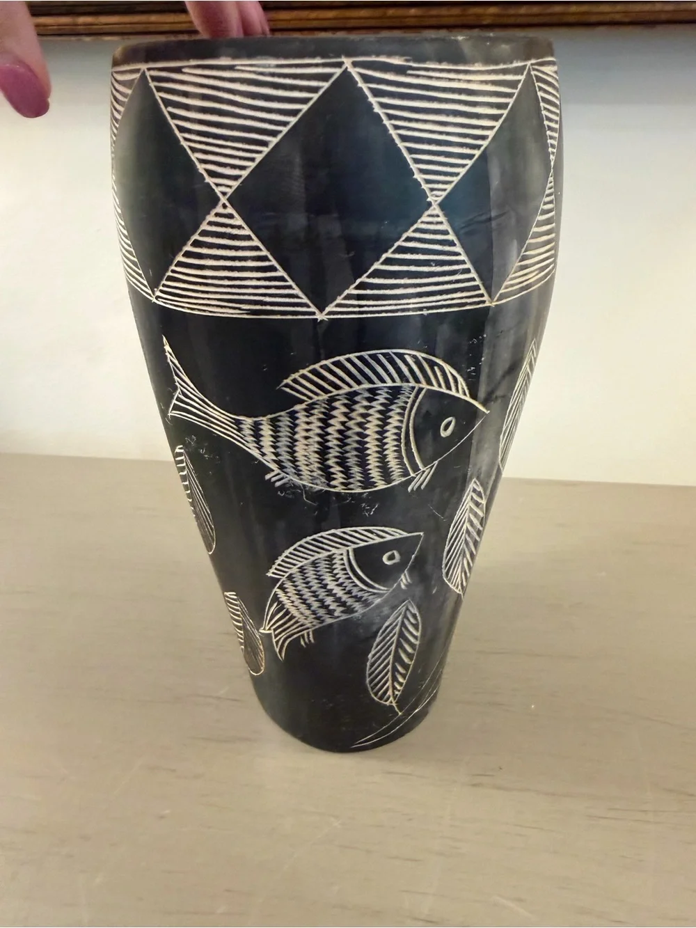 Hand Carved African Soapstone Vase Fish Plants Black White 8” Vessel